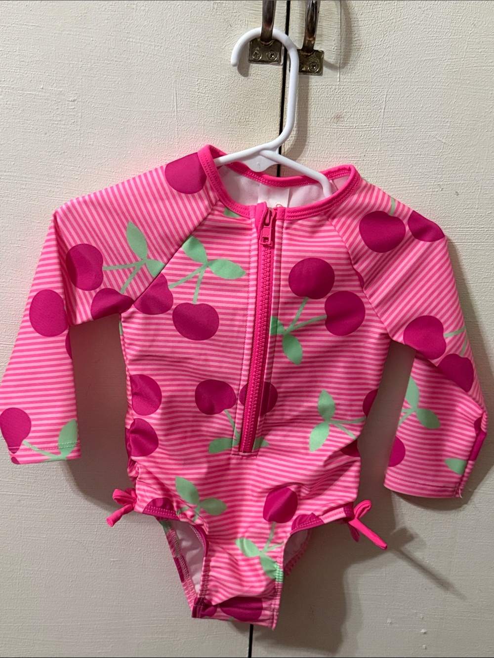Girls Pink Cherry Print Long Sleeve Swimsuit:never worn